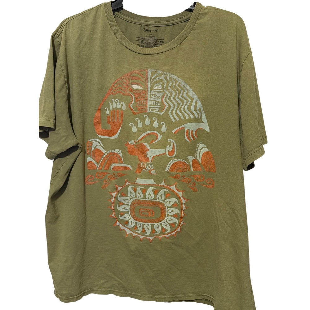 Disney Store Moana Maui Tribal Graphic T-Shirt Olive Green Mens 2XL Short Sleeve